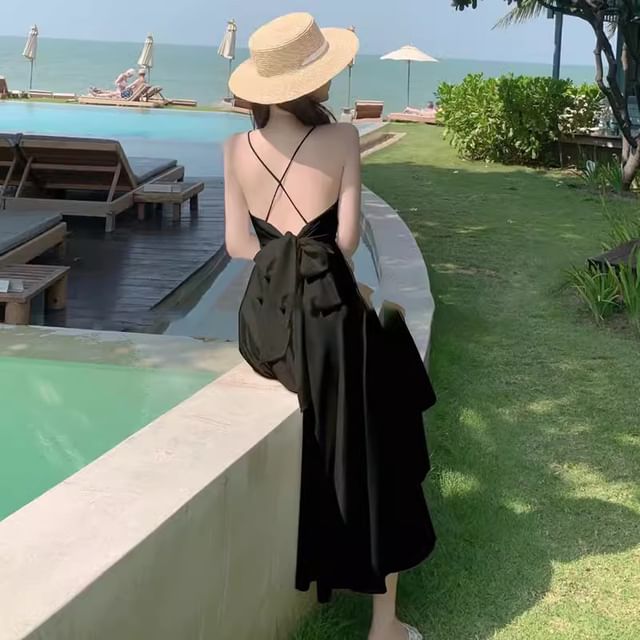 A-Line Plain Strap Maxi V-Neck Spaghetti Dress