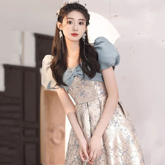 Gown Evening Puff-Sleeve A-Line Floral