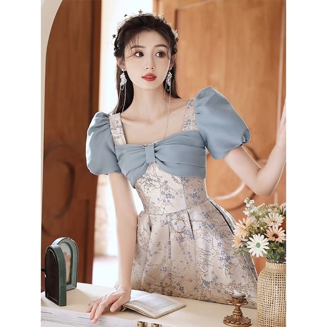 Gown Evening Puff-Sleeve A-Line Floral