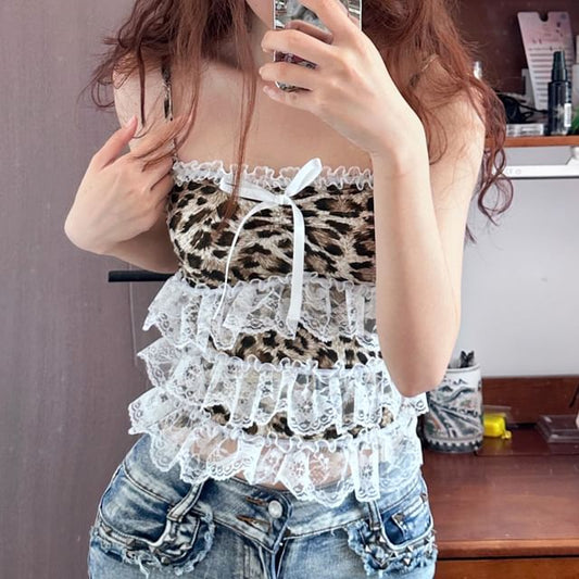 Bow Top Accent Lace Camisole Trim Print Leopard Crop