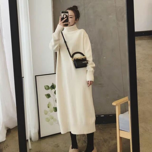 Long-Sleeve Plain Midi Sweater Turtleneck Dress