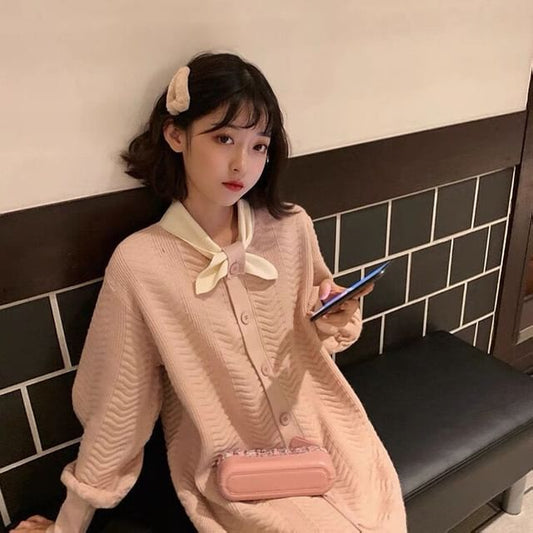 Midi Tie-Neck Plain Dress Knit Puff-Sleeve Button-Up