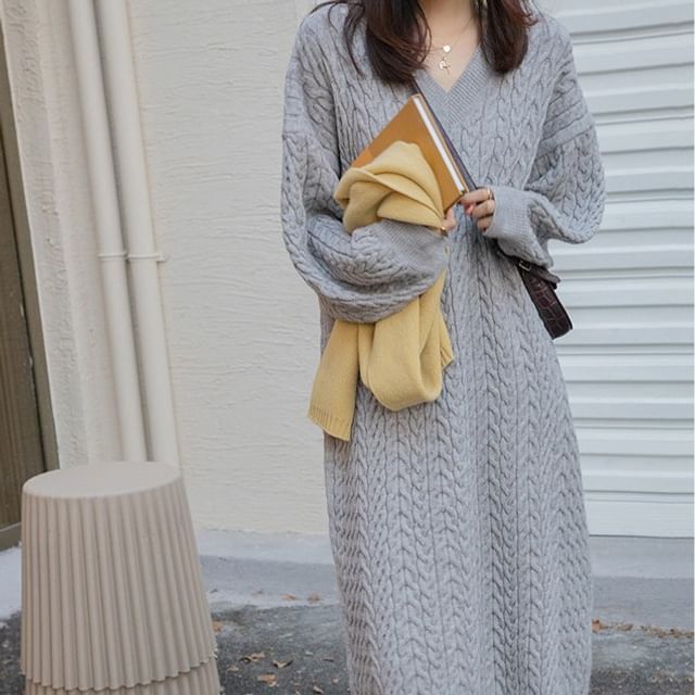 Plain Midi V-Neck Sweater Long-Sleeve Dress