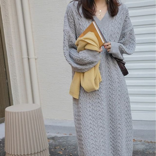 Plain Midi V-Neck Sweater Long-Sleeve Dress
