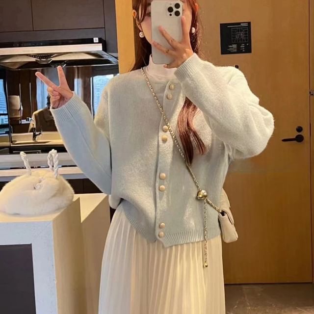 Buttoned Cardigan Faux Plain Pearl