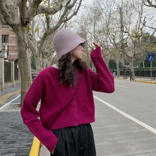 Plain Cardigan Button-Up Cable Knit