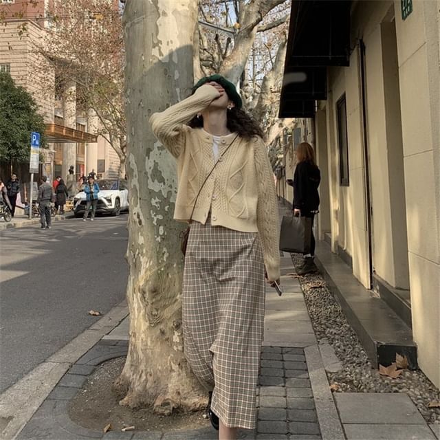 Plain Cardigan Button-Up Cable Knit