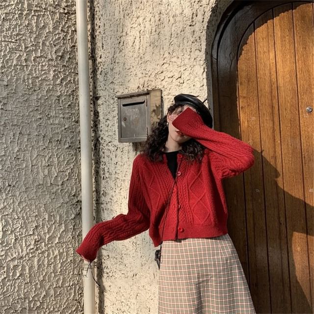 Plain Cardigan Button-Up Cable Knit