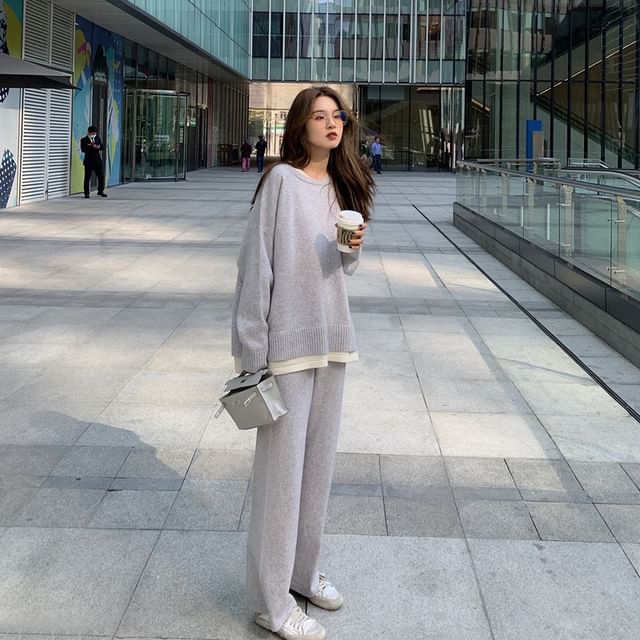 Long-Sleeve Neck T-Shirt Leg Set: + Two-Tone Pants Wide Waist High Crew