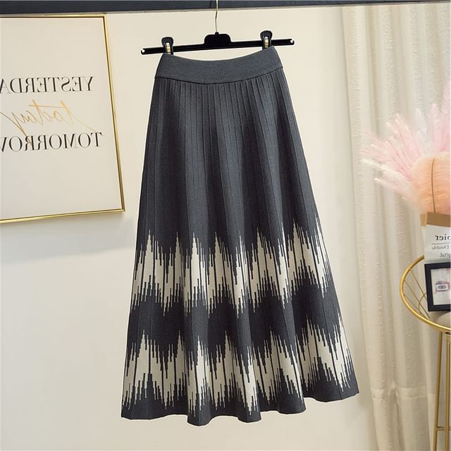 Waist Midi Printed Knit A-Line High Skirt