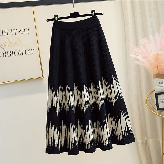 Waist Midi Printed Knit A-Line High Skirt