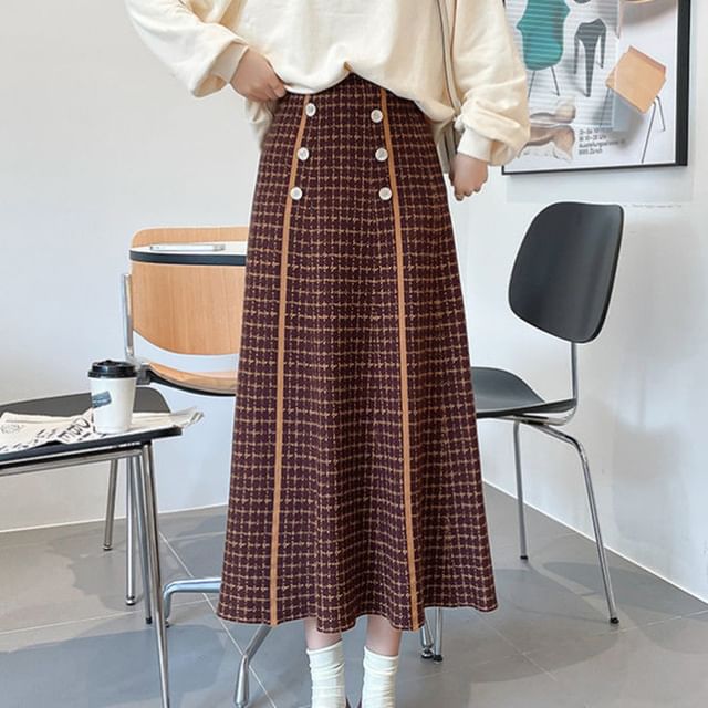 High Midi Knit A-Line Skirt Plaid Waist