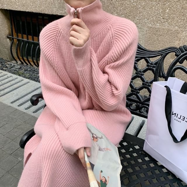 Long-Sleeve Half-Zip Plain Dress Ribbed Midi Sweater