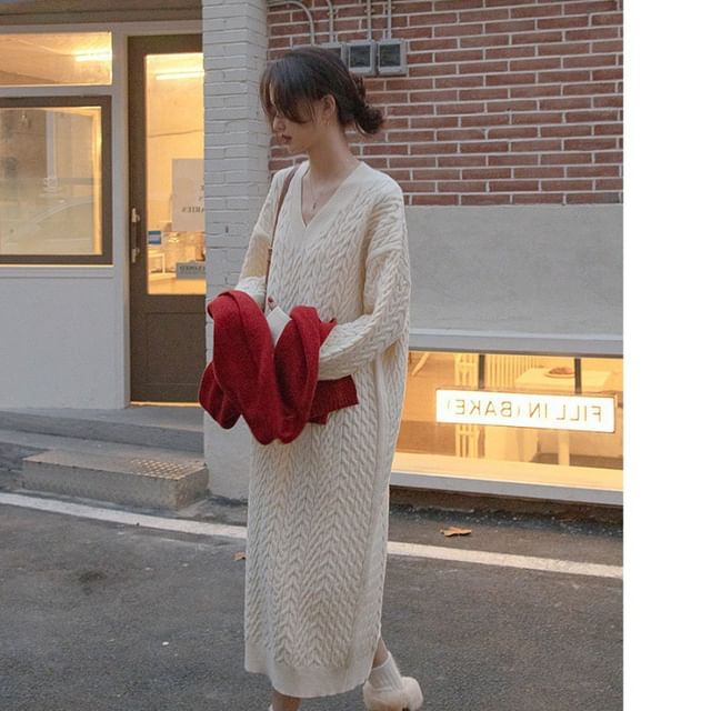 Plain Midi V-Neck Sweater Long-Sleeve Dress