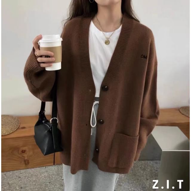 Cardigan Embroidered V-Neck Button-Up Letter