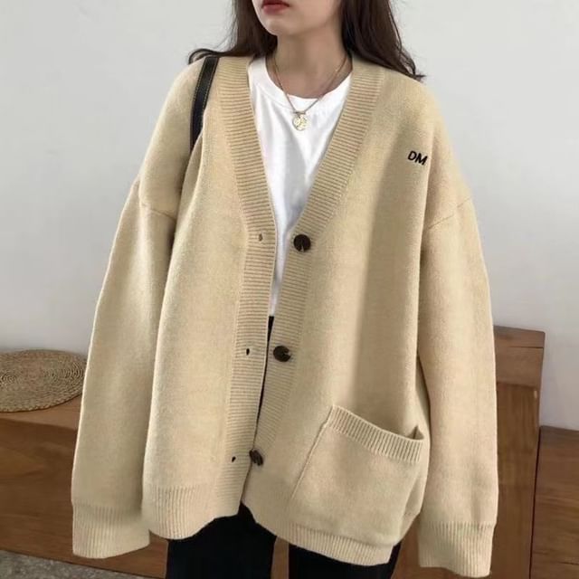Cardigan Embroidered V-Neck Button-Up Letter