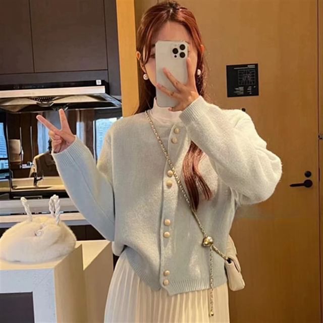 Buttoned Cardigan Faux Plain Pearl