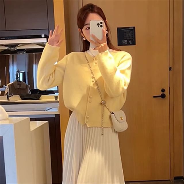 Buttoned Cardigan Faux Plain Pearl