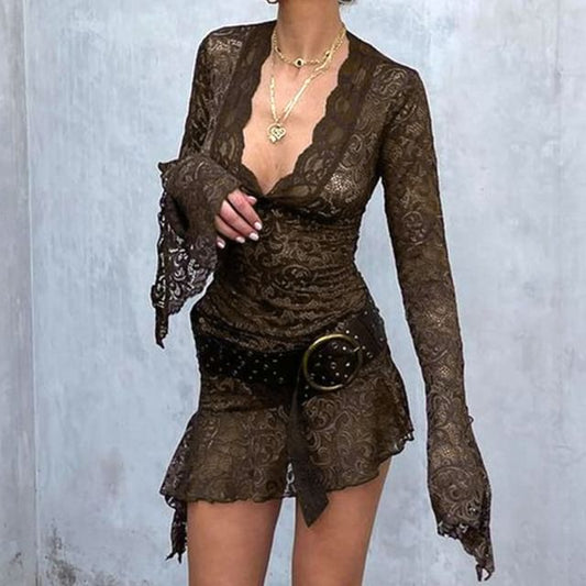 Lace Bodycon Dress Mini V-Neck Long-Sleeve