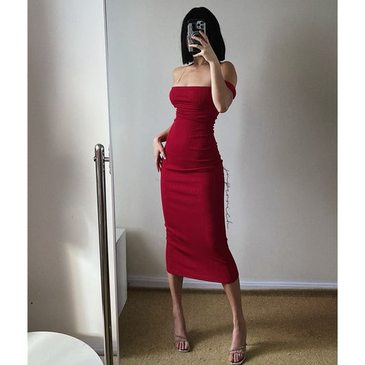 Off Shoulder Plain Midi Sheath Dress