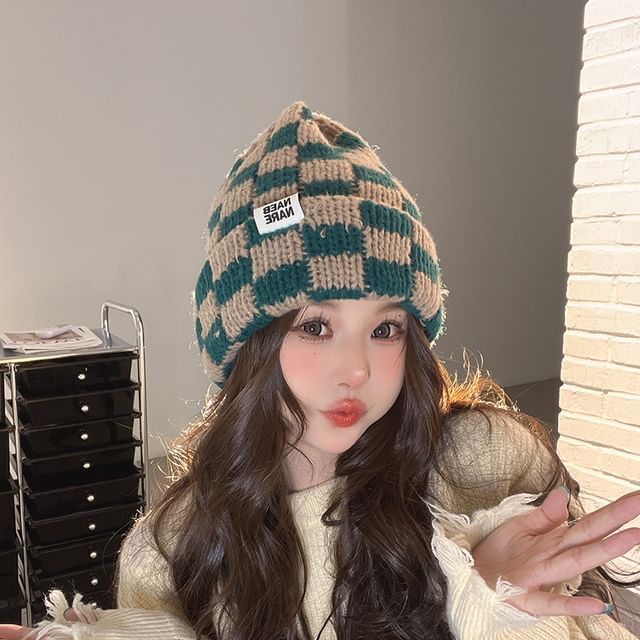 Knit Lettering Applique Beanie Checker