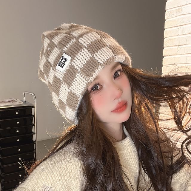 Knit Lettering Applique Beanie Checker