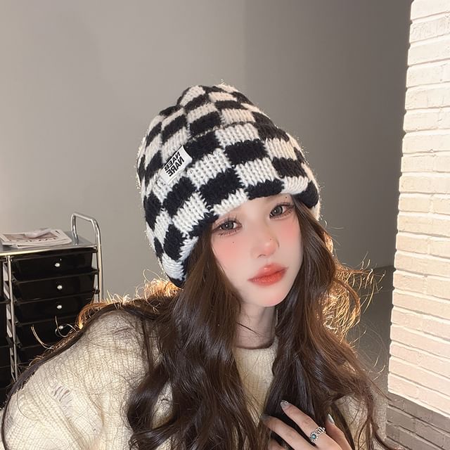 Knit Lettering Applique Beanie Checker