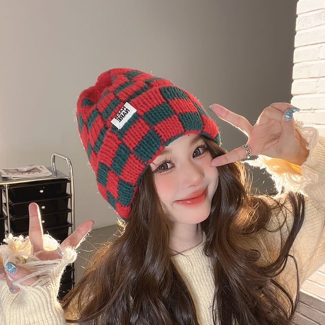 Knit Lettering Applique Beanie Checker