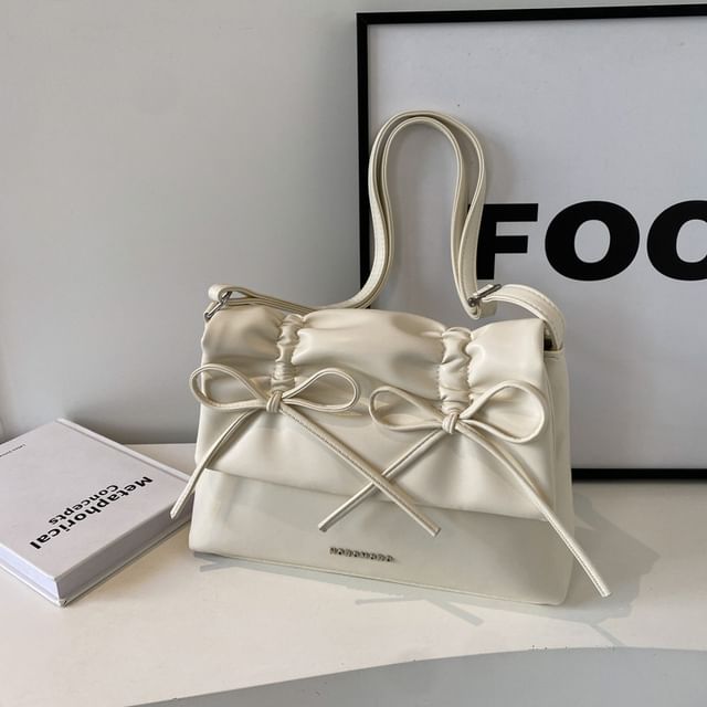 Leather Faux Ribbon Flap Crossbody Bag