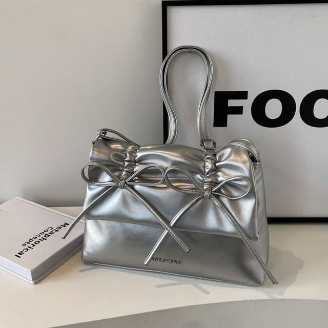 Leather Faux Ribbon Flap Crossbody Bag