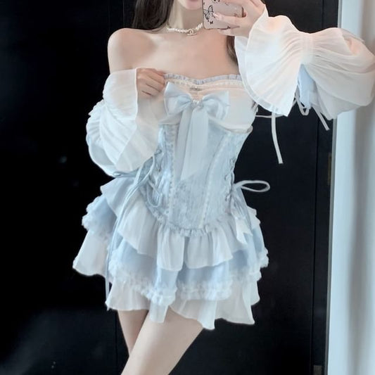 Lace-Up Belt / Off-Shoulder Mini Trim Puff-Sleeve A-Line Two Dress Lace Tone Corset Patterned