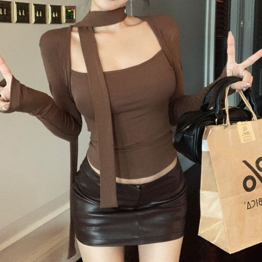 Square Neck Tee, Scarf, and Faux Leather Pencil Skirt Set
