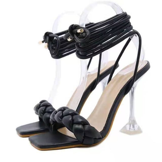 Sandals Square-Toe Braided Heel High