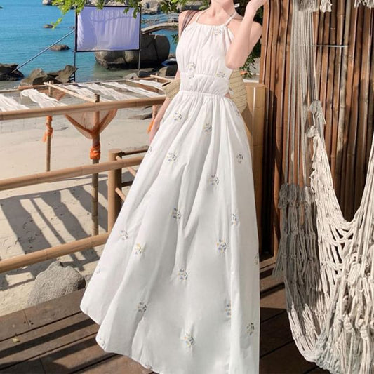 A-Line Dress Midi Neck Halter Embroidered