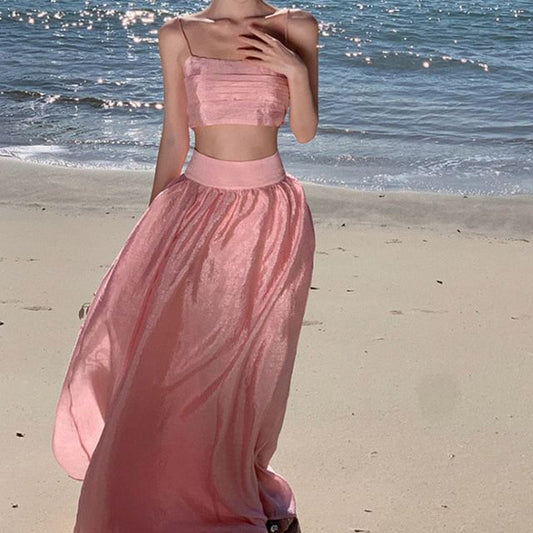 Skirt High Plain Camisole Waist + Maxi Set: Crop Top