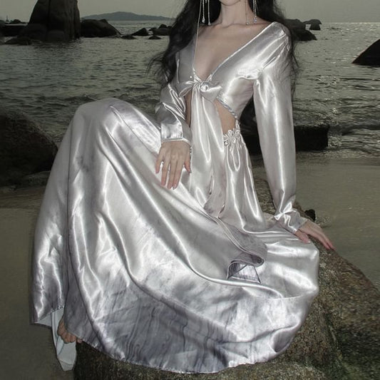 Dress Long-Sleeve Cutout A-Line Maxi V-Neck