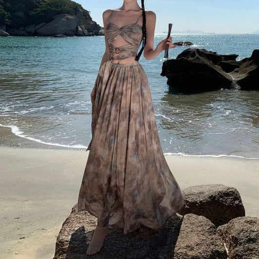 Dye + A-Line Waist Camisole Crop Tie Top Skirt Set: High Maxi