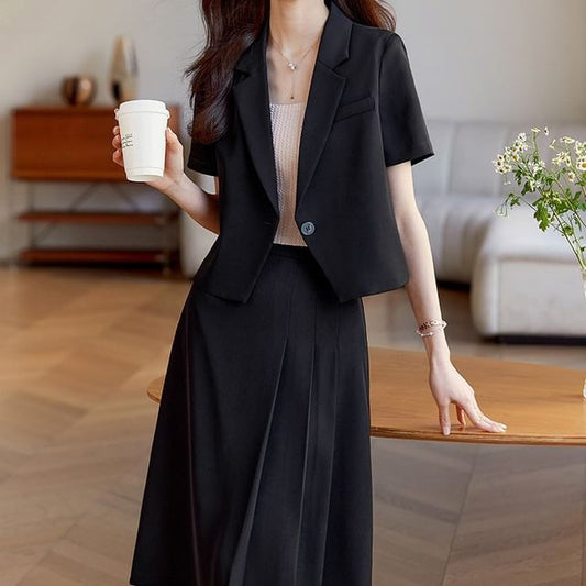 Single-Button Blazer and A-Line Midi Skirt Set