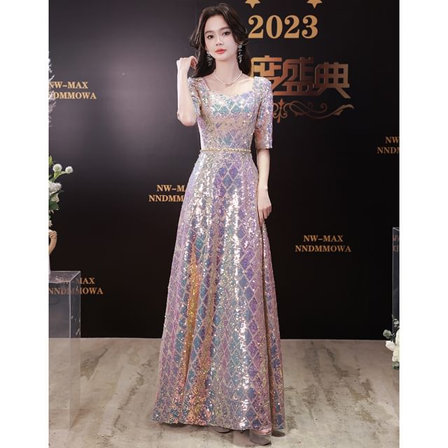 Elbow-Sleeve Dress Neck A-Line Maxi Iridescent Scoop