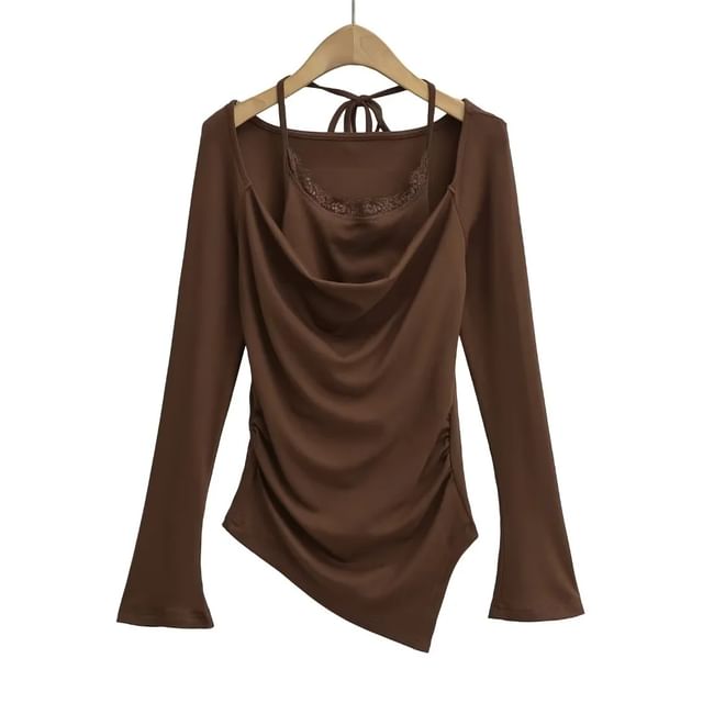Set: Cowl Neck Asymmetric-Hem Long-Sleeve Top + Halter Lace-Trim Camisole