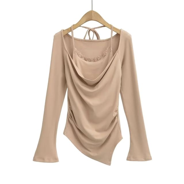 Set: Cowl Neck Asymmetric-Hem Long-Sleeve Top + Halter Lace-Trim Camisole