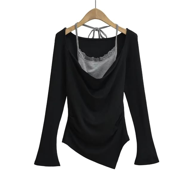 Set: Cowl Neck Asymmetric-Hem Long-Sleeve Top + Halter Lace-Trim Camisole