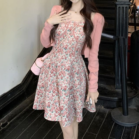 Open Cardigan Plain Mini Neck / Dress Square Strap A-Line Floral Print Front Spaghetti Crop