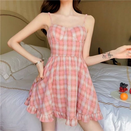 Mini Strap Dress Ruffle Plaid A-Line Spaghetti