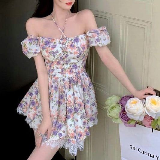 Mini Floral Trim Lace-Up A-Line Dress Puff-Sleeve Lace