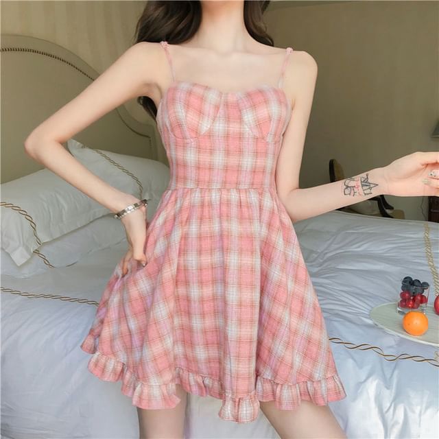 Mini Strap Dress Ruffle Plaid A-Line Spaghetti