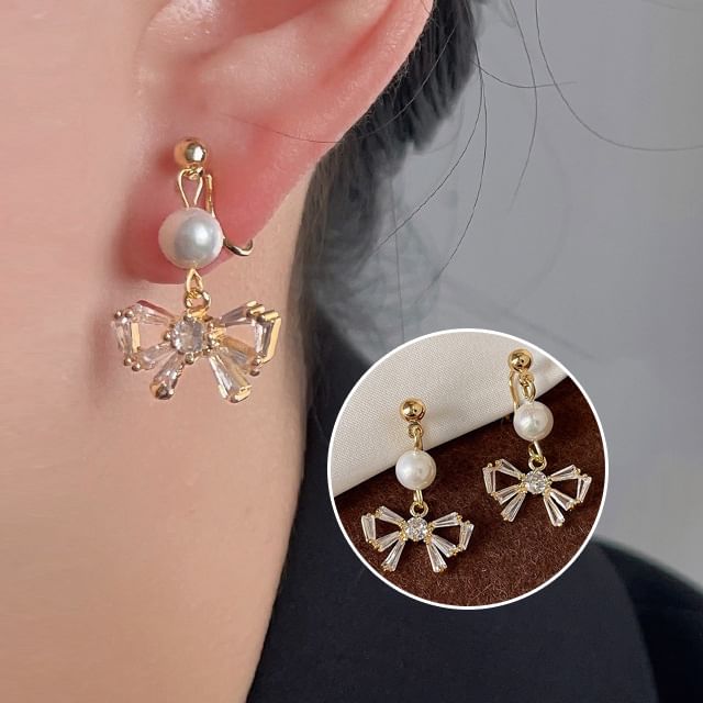 Drop Earring Faux Rhinestone Pearl Alloy Bow