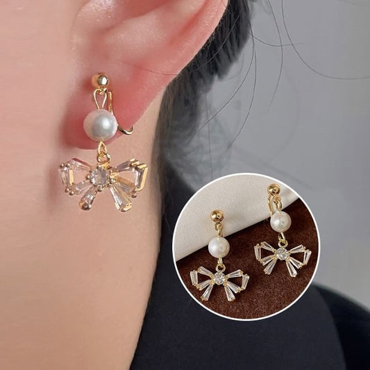 Drop Earring Faux Rhinestone Pearl Alloy Bow