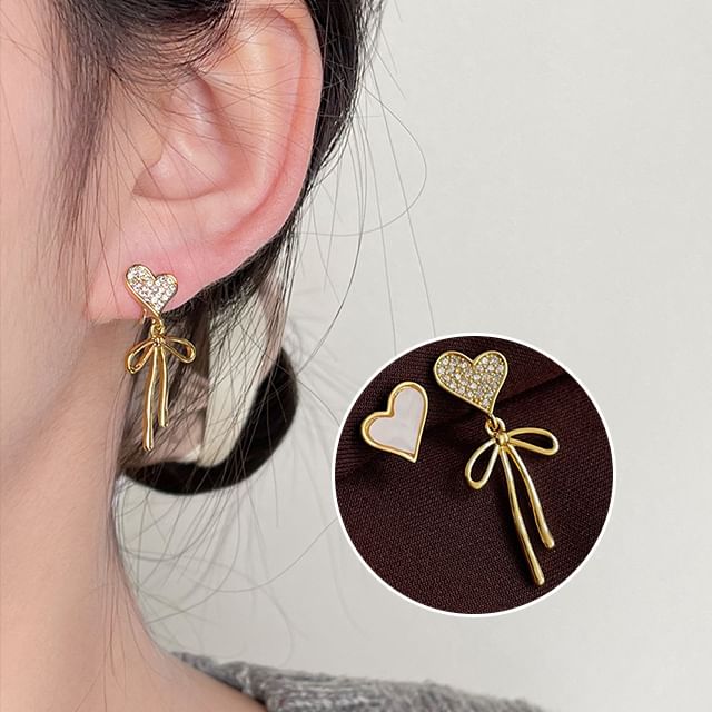 Drop Earring Heart Rhinestone Asymmetrical Alloy Bow Shell