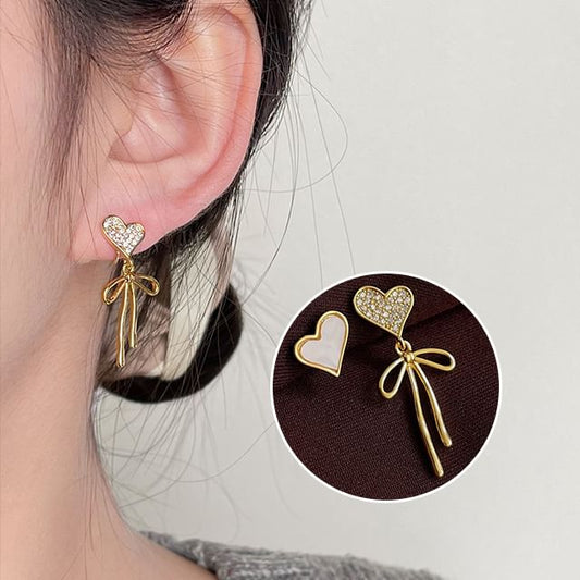 Drop Earring Heart Rhinestone Asymmetrical Alloy Bow Shell